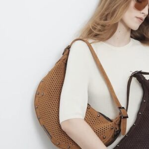 Elena Athanasiou Hype Net Planet Suede Baguette bag beige